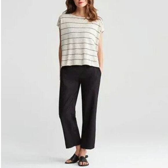 Eileen Fisher Linen Striped Top Short Sleeve Hi Low Loose Fit Tan & Black Small - Picture 5 of 16